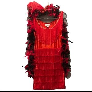 Fun Costumes Red Flapper Fringe Dress Costume W/Feather Boa & Sequin headband SM